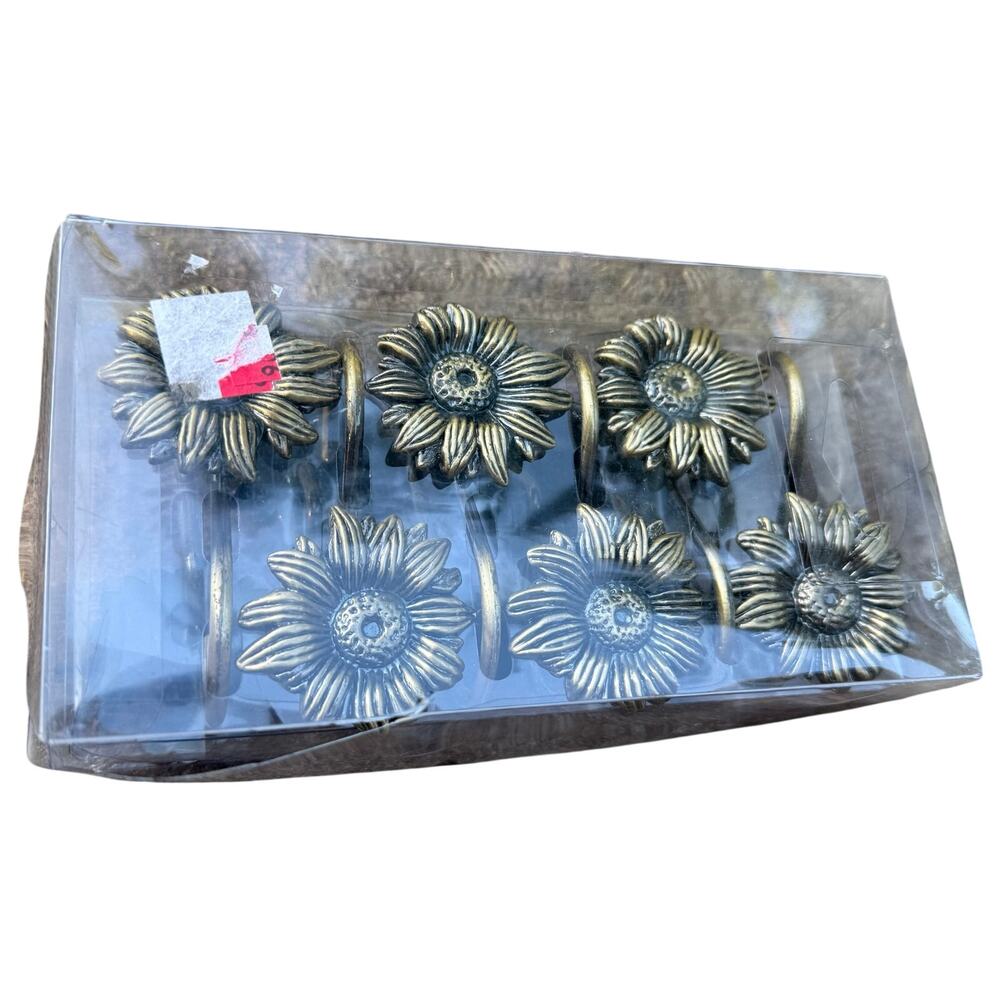NEW - 12 VTG Brass Tone Ornate Shower Curtain Hooks Drapery Hardware Sunflowers